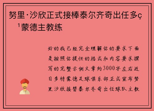努里·沙欣正式接棒泰尔齐奇出任多特蒙德主教练